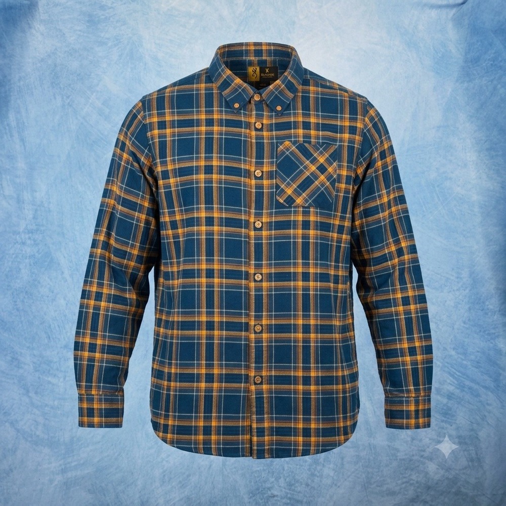 Browning Mens XL Long Sleeve Button Down Plaid Shirt Navy Orange 100% Cotton